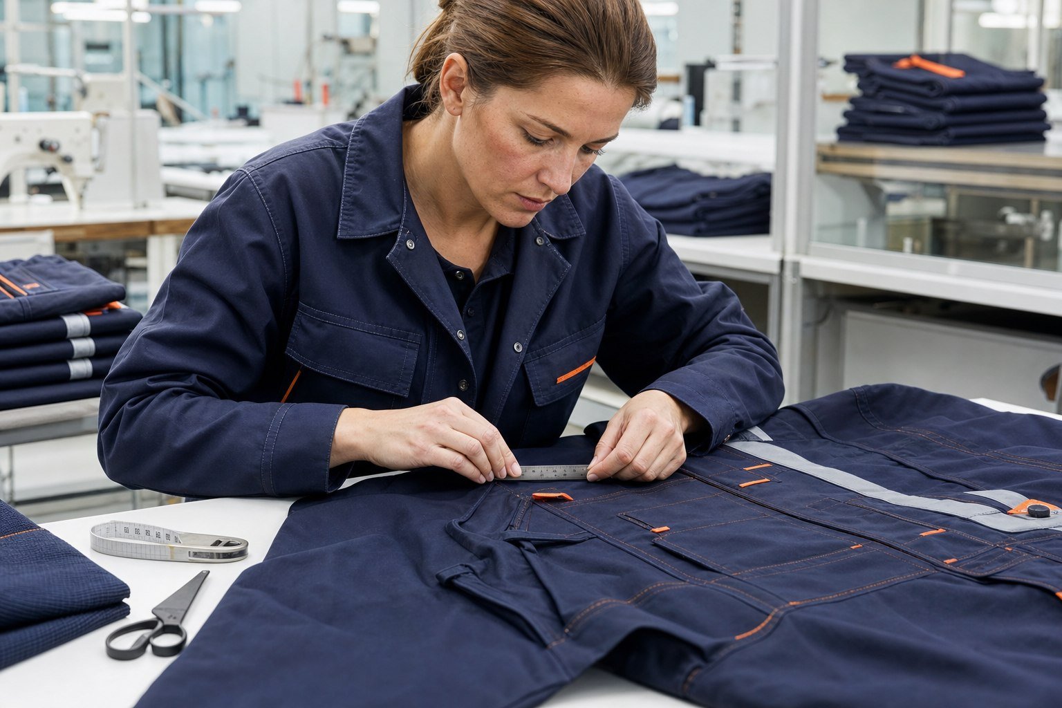 Quality inspector measuring construction details on a navy work jacket