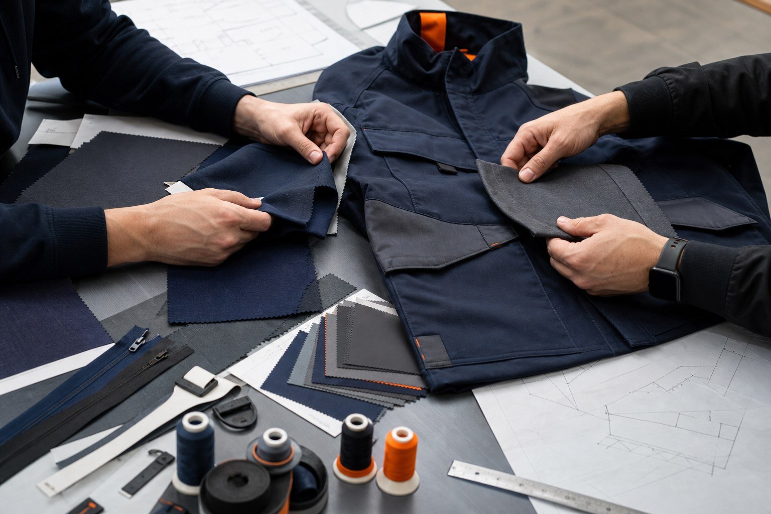Workwear sampling table with fabric swatches, trims and a navy work jacket