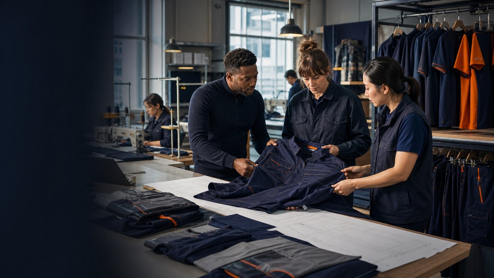 Workwear product team reviewing a custom navy work jacket in a manufacturing studio